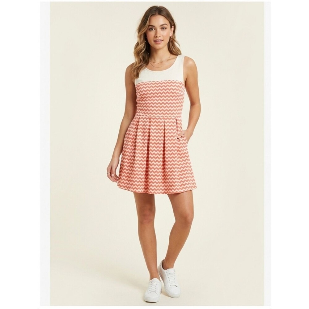 Altar'd State Chevron Fit & Flare Sleeveless Mini Dress Preppy Coral/Ivory M